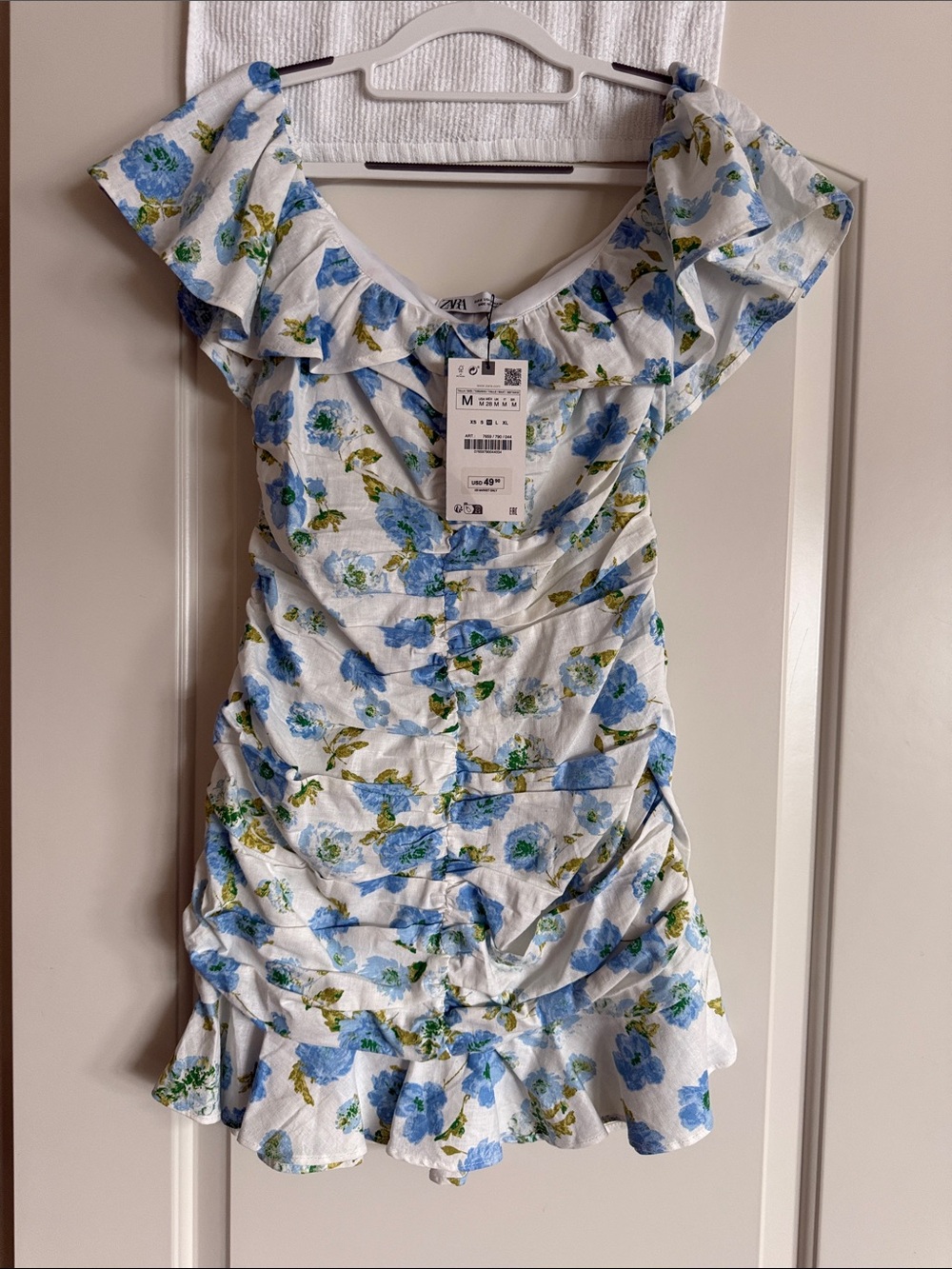 Zara White Mini Dress with Blue Floral Print